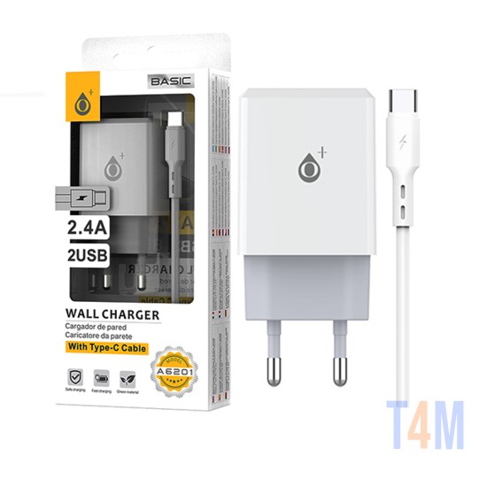 Carregador de Parede EU OnePlus A6201 com Cabo Tipo C 2USB 5V/2,4A Branco